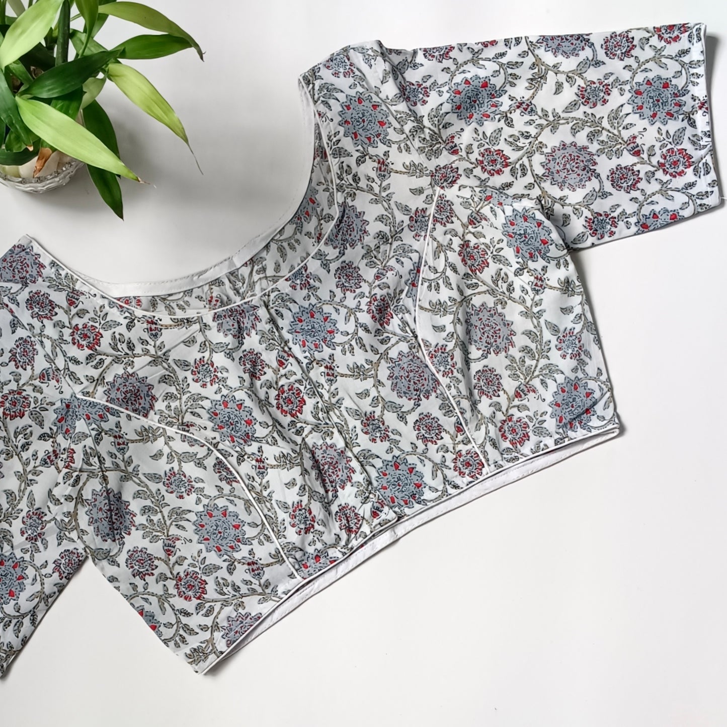 Bluish grey printed cotton boat neck blouse