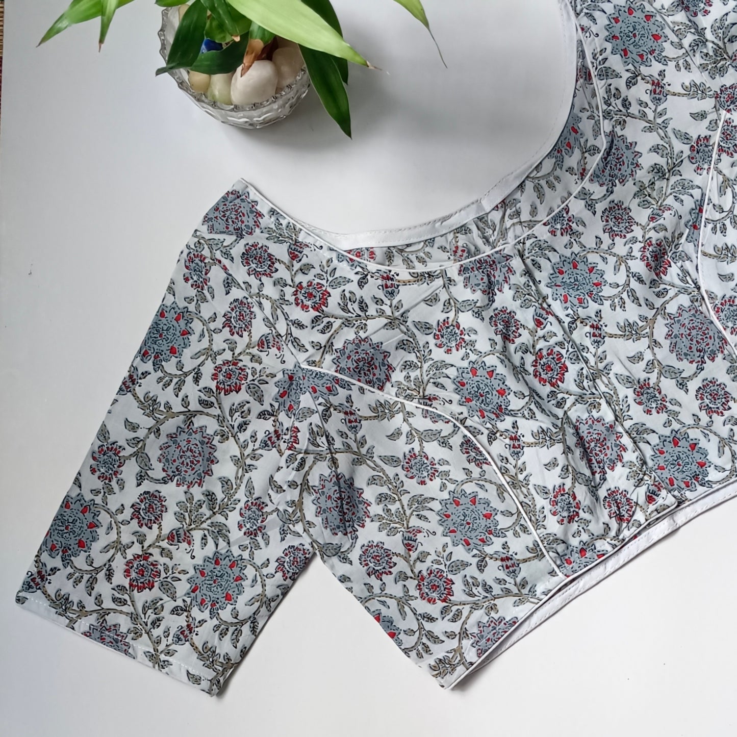 Bluish grey printed cotton boat neck blouse
