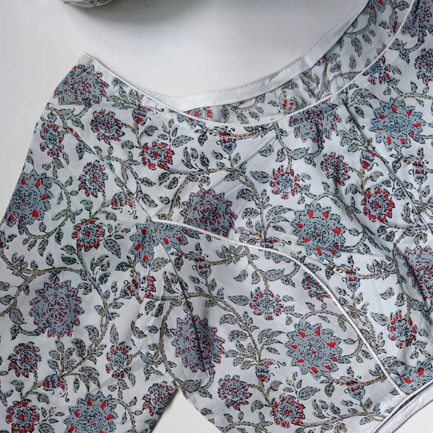 Bluish grey printed cotton boat neck blouse