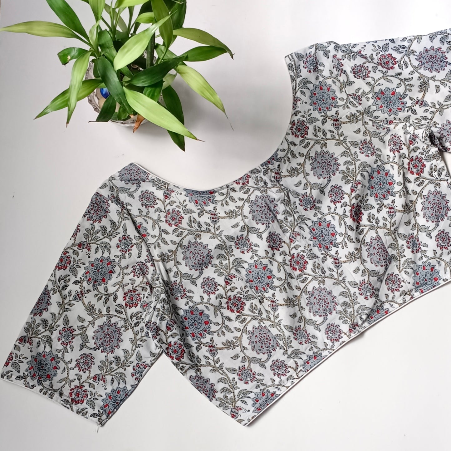 Bluish grey printed cotton boat neck blouse