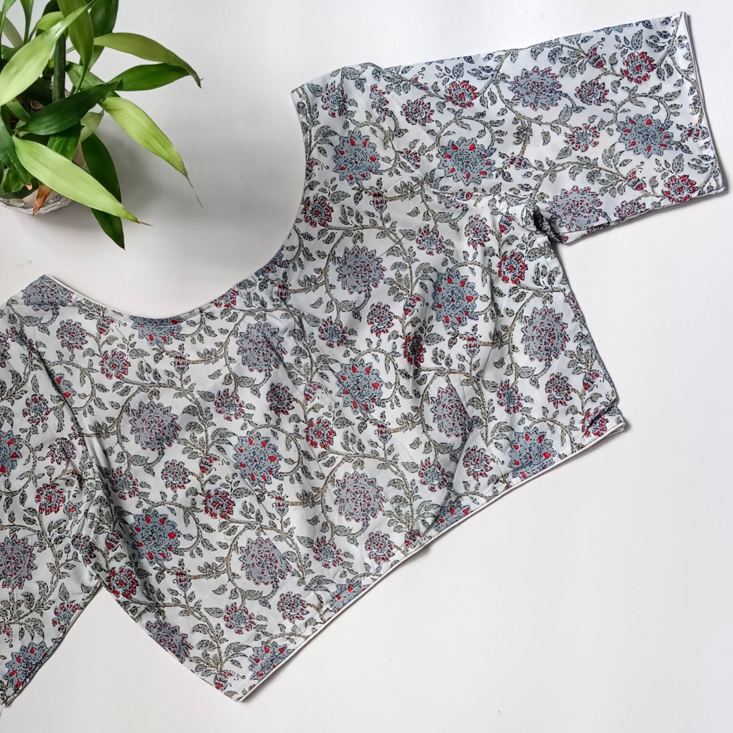 Bluish grey printed cotton boat neck blouse