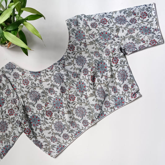 Bluish grey printed cotton boat neck blouse