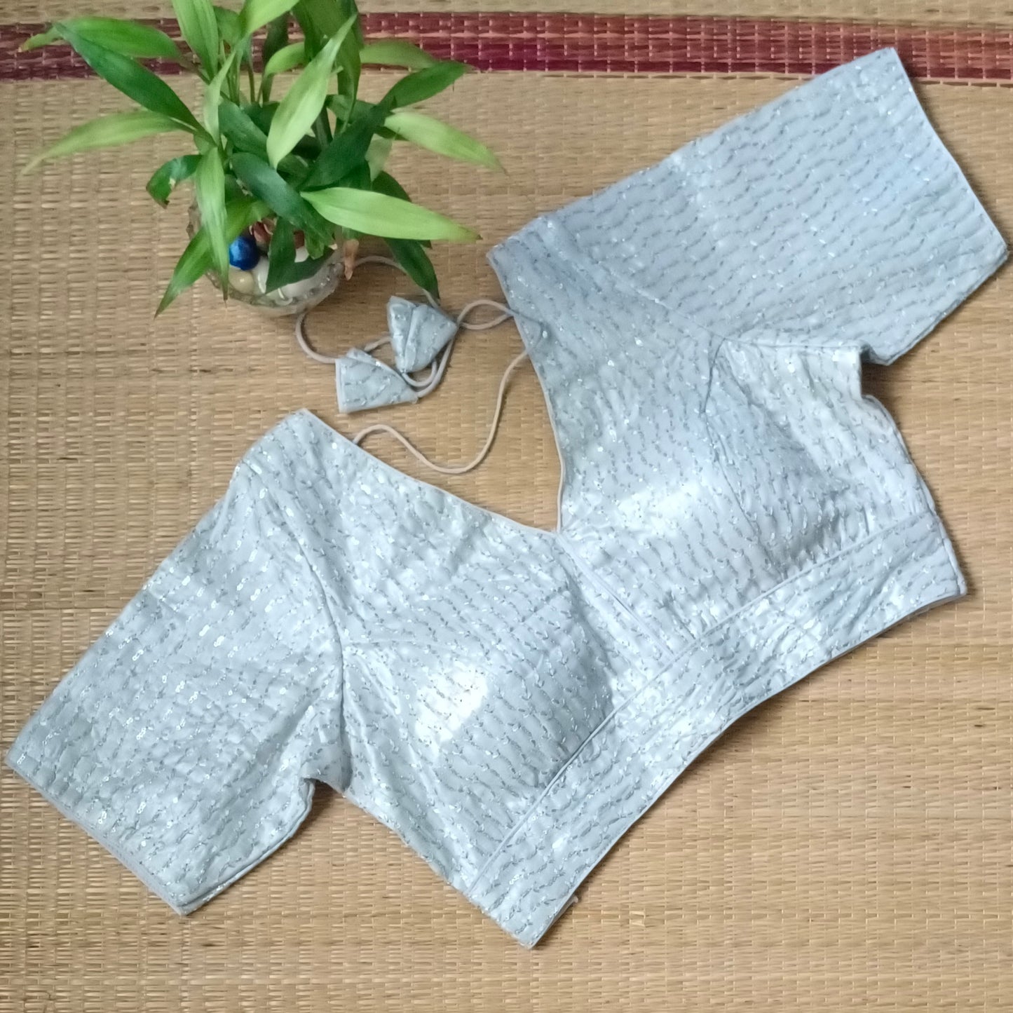 Silver V neck tissue sequence blouse