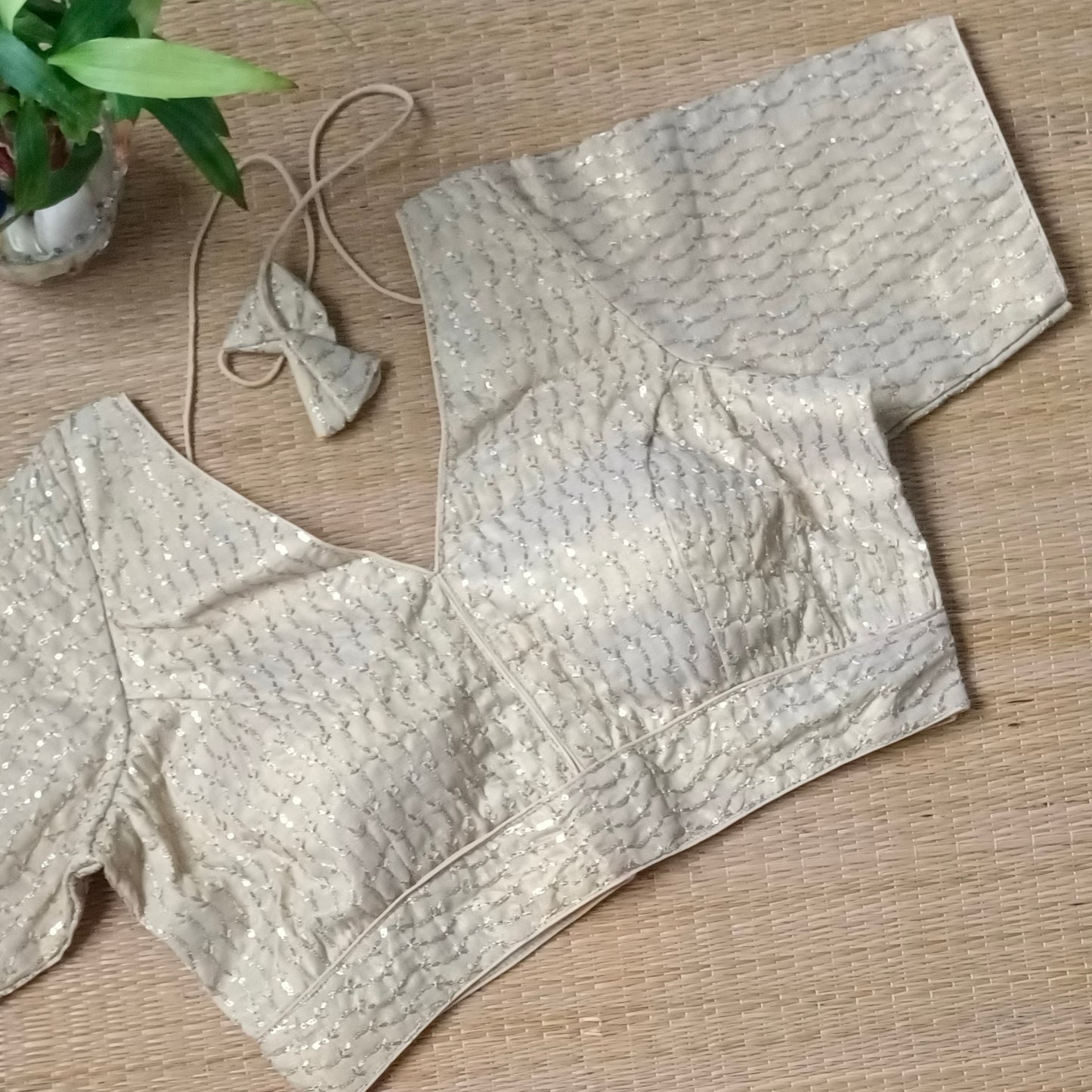Light golden V neck tissue sequence blouse