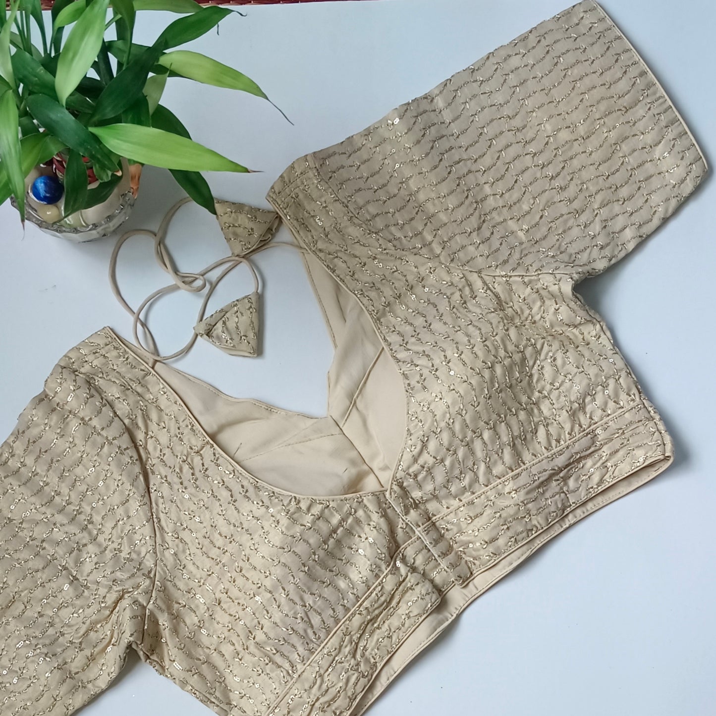 Light golden V neck tissue sequence blouse