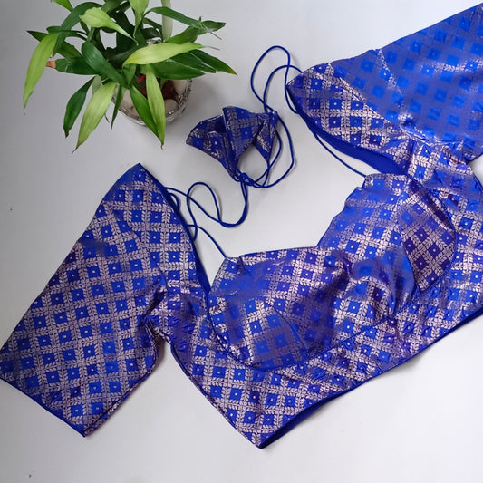 Royal blue brocade masaba neck blouse