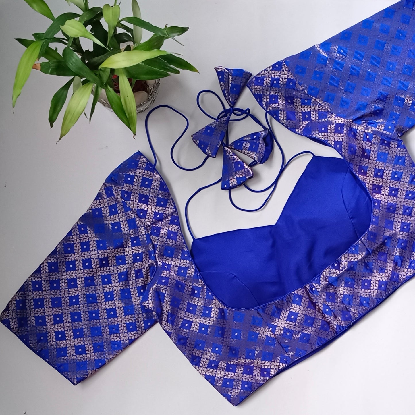 Royal blue brocade masaba neck blouse