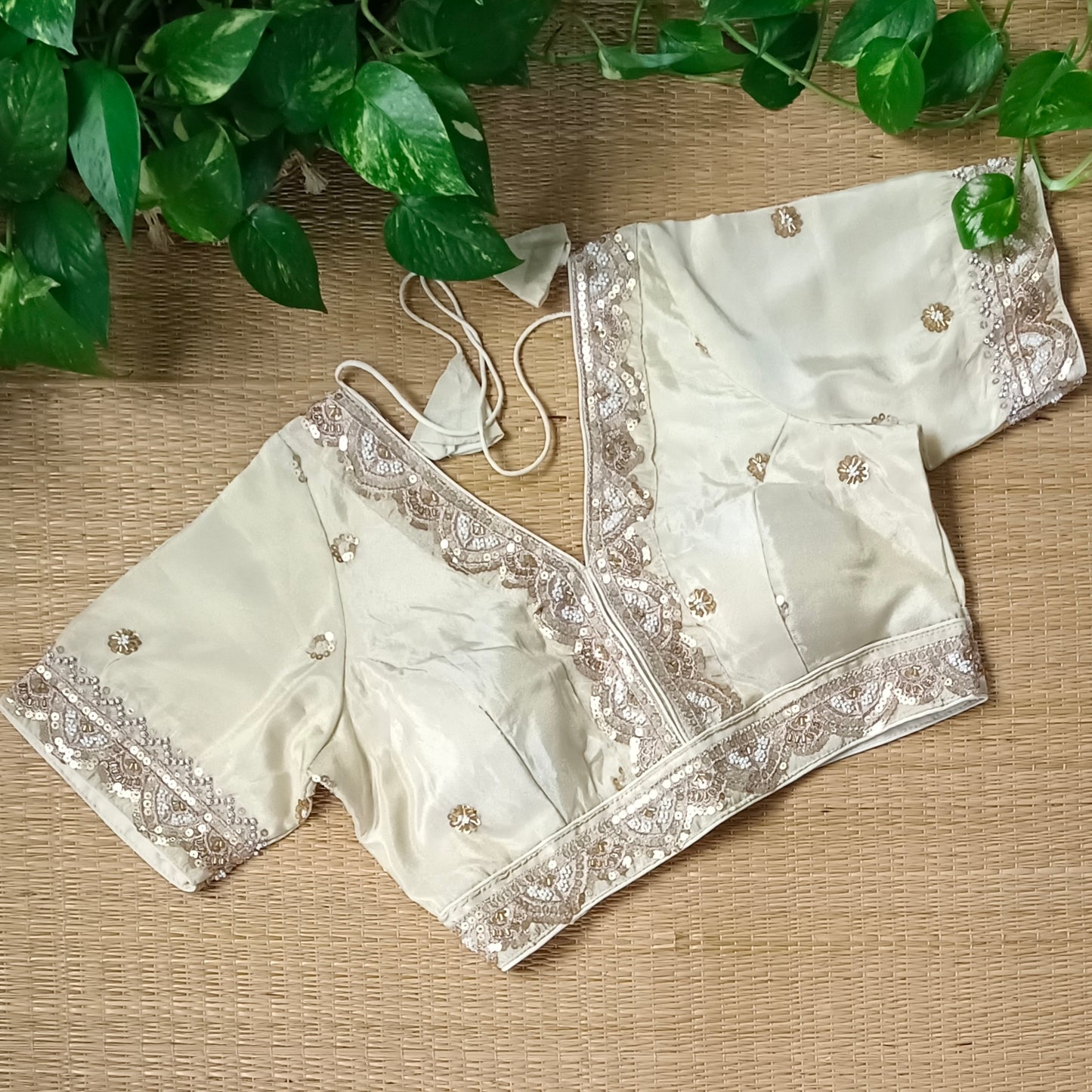 Light golden V neck tissue with cut dana sequence blouse