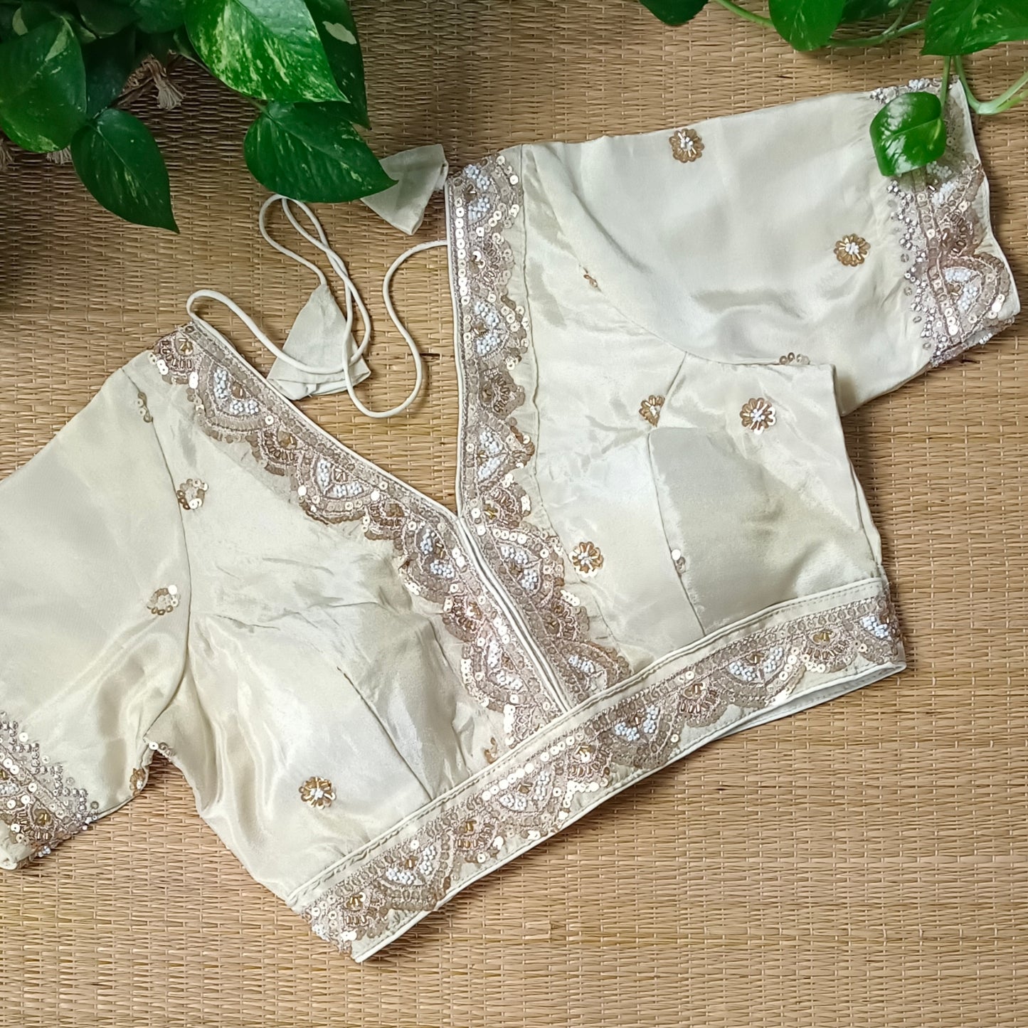 Light golden V neck tissue with cut dana sequence blouse