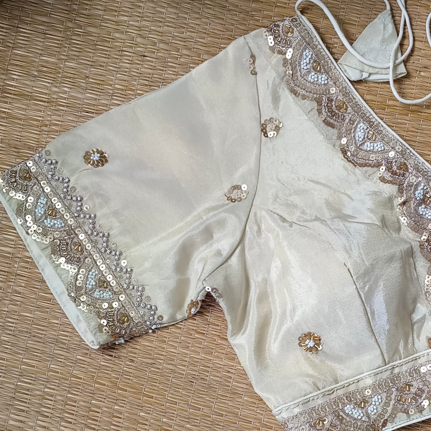 Light golden V neck tissue with cut dana sequence blouse