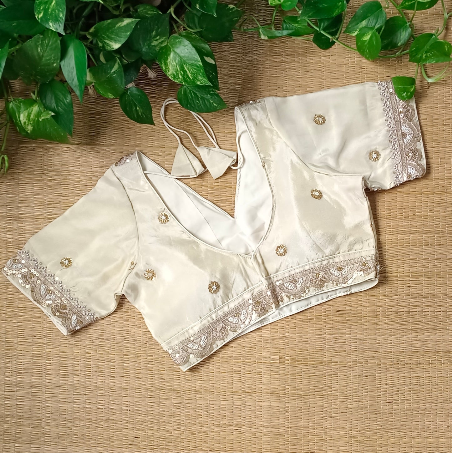 Light golden V neck tissue with cut dana sequence blouse