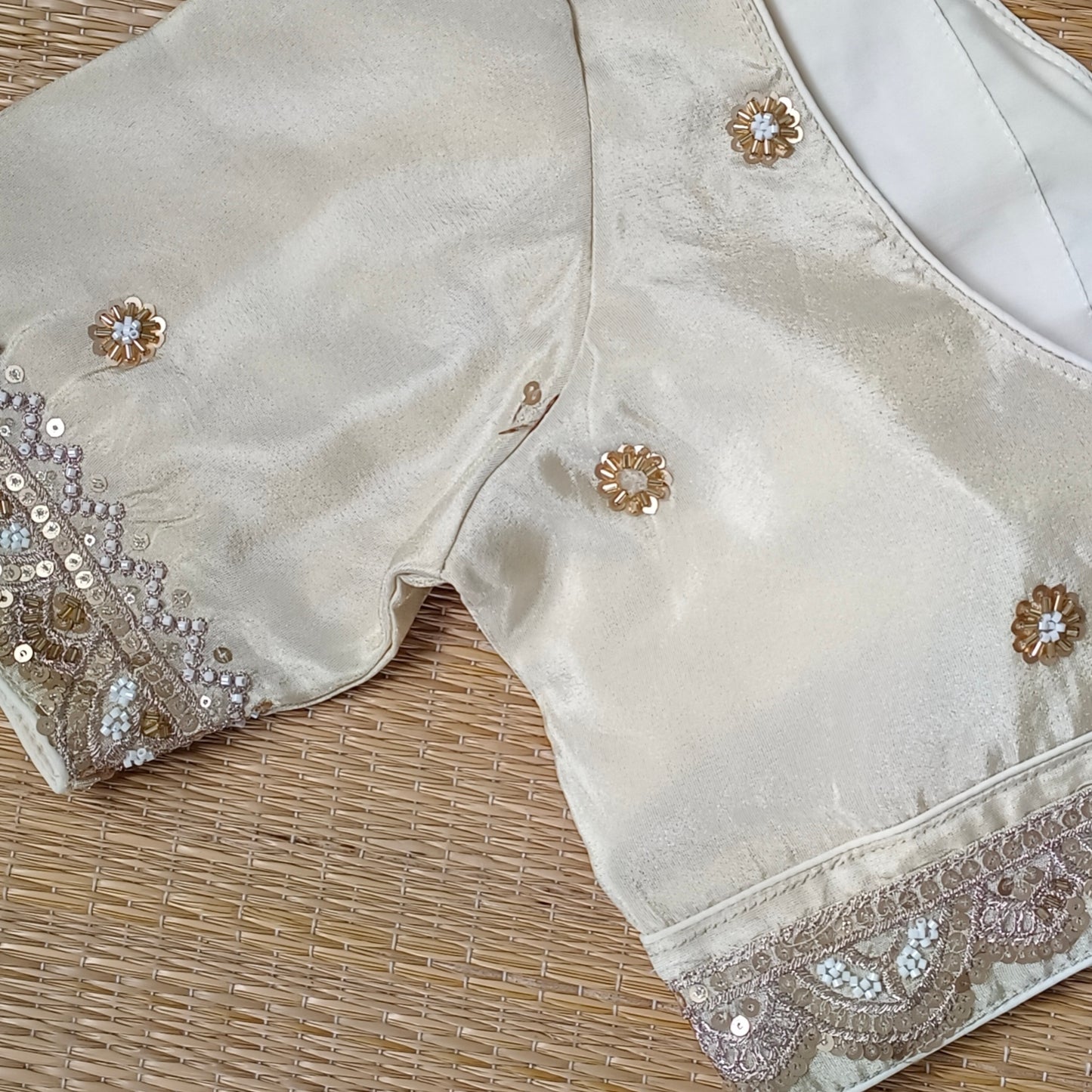 Light golden V neck tissue with cut dana sequence blouse