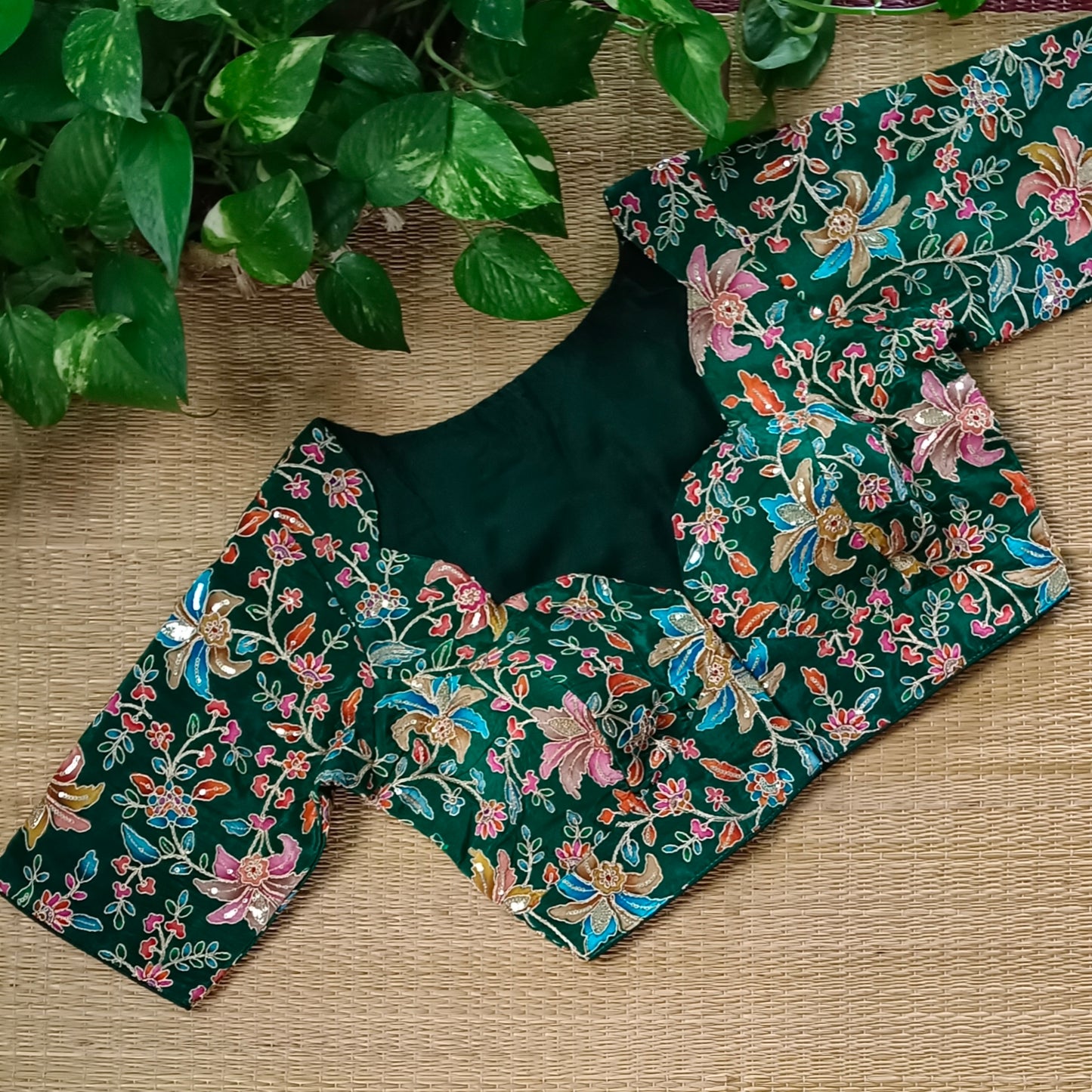 Leaf Green crepe code work blouse