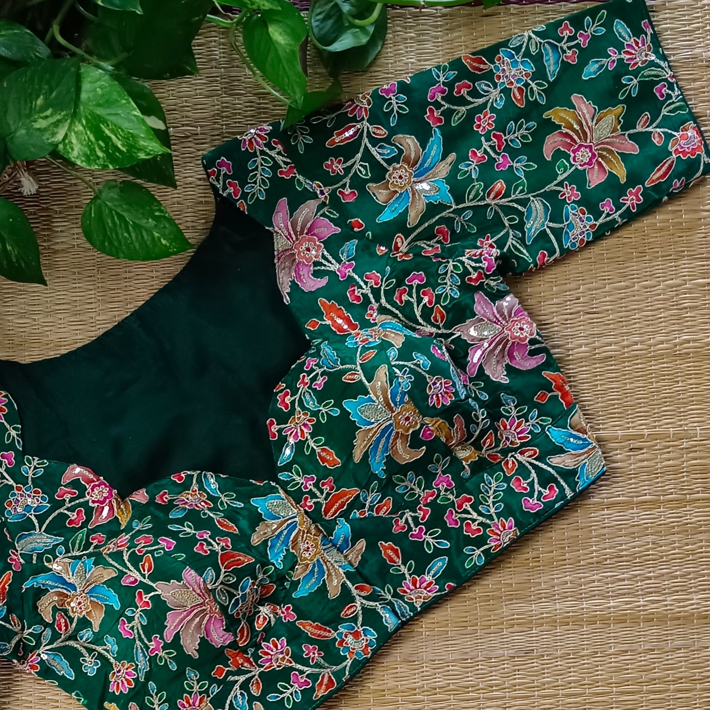 Leaf Green crepe code work blouse