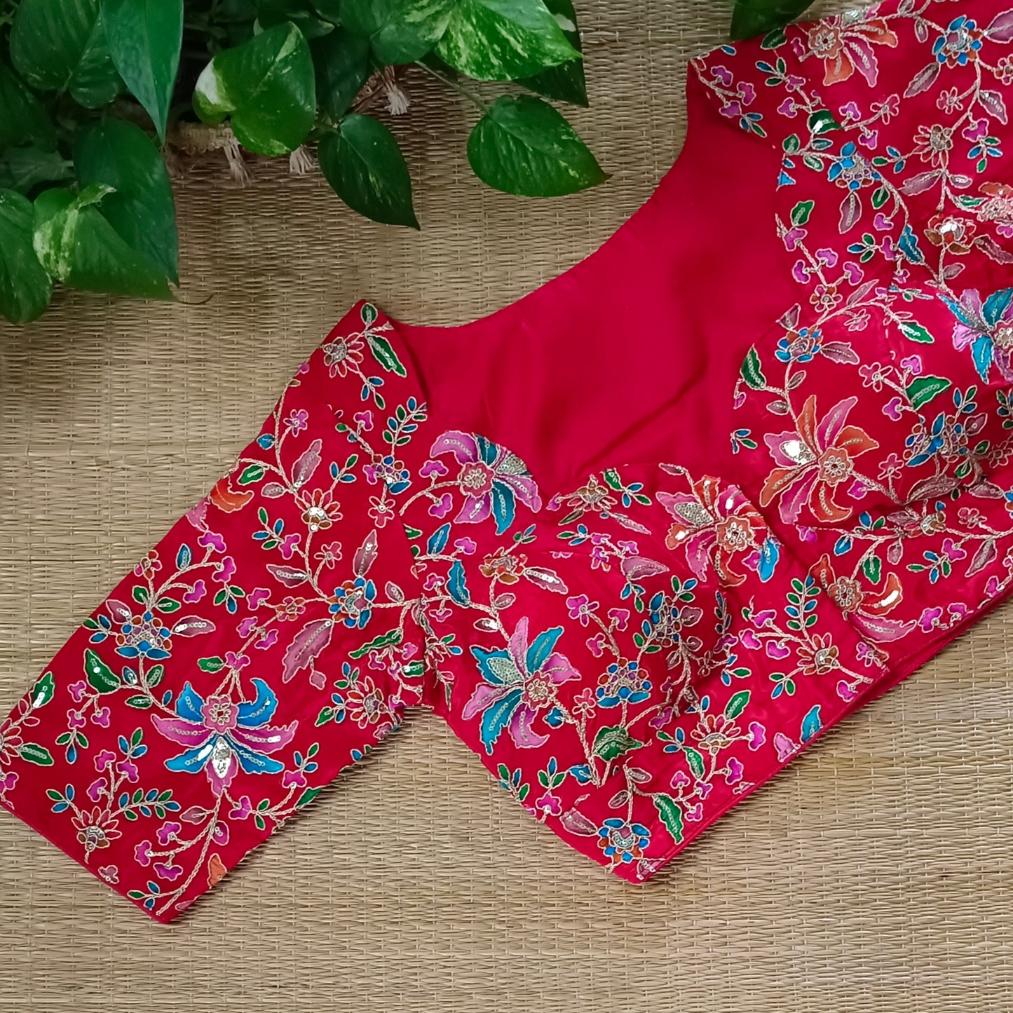 Cherry Red crepe code work blouse