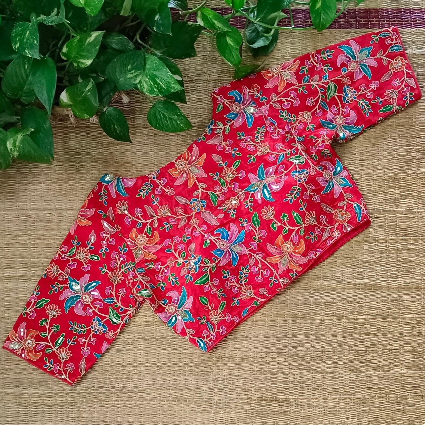 Cherry Red crepe code work blouse