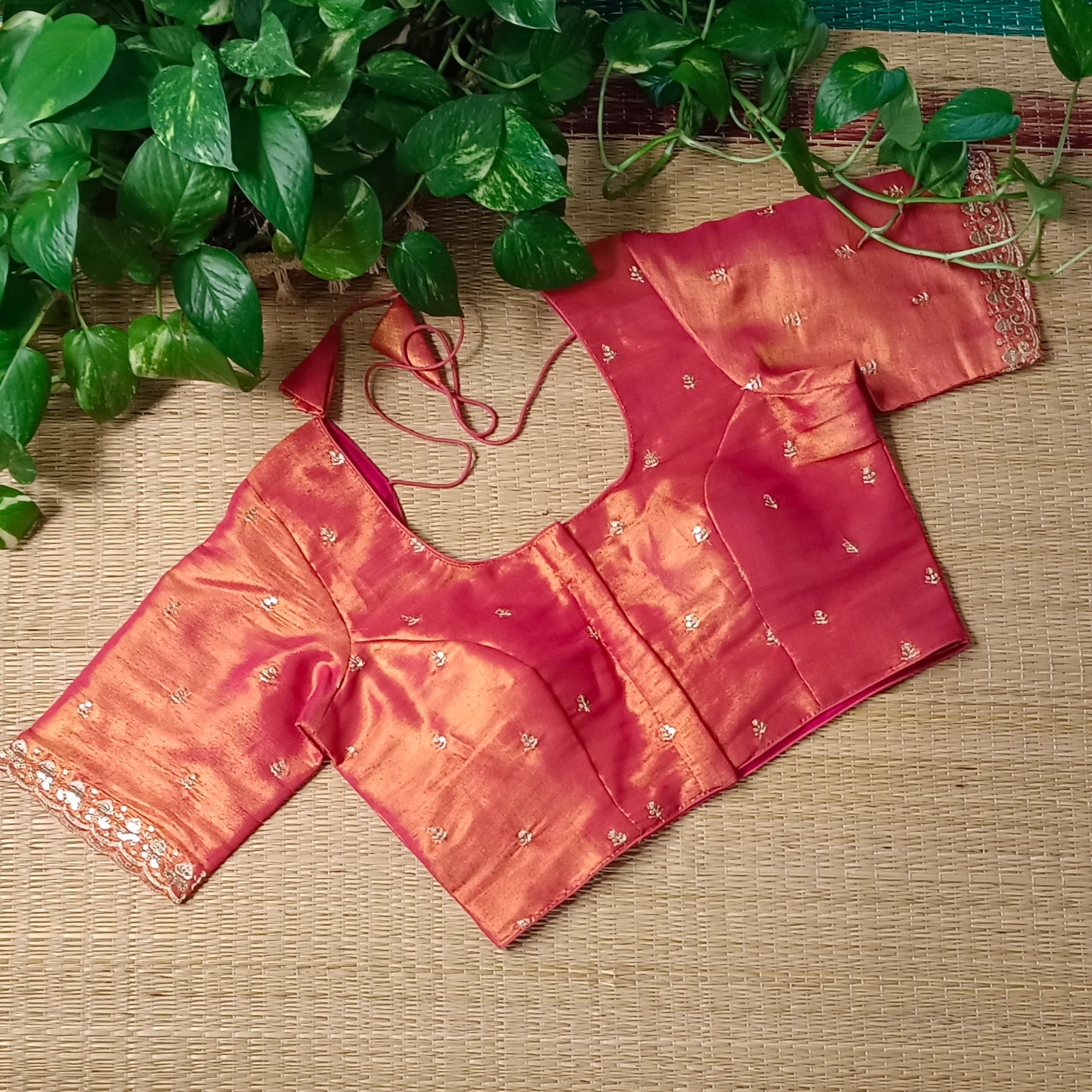 Red metallic tissue blouse with golden embroidery