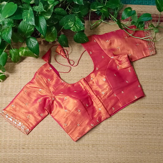 Red metallic tissue blouse with golden embroidery