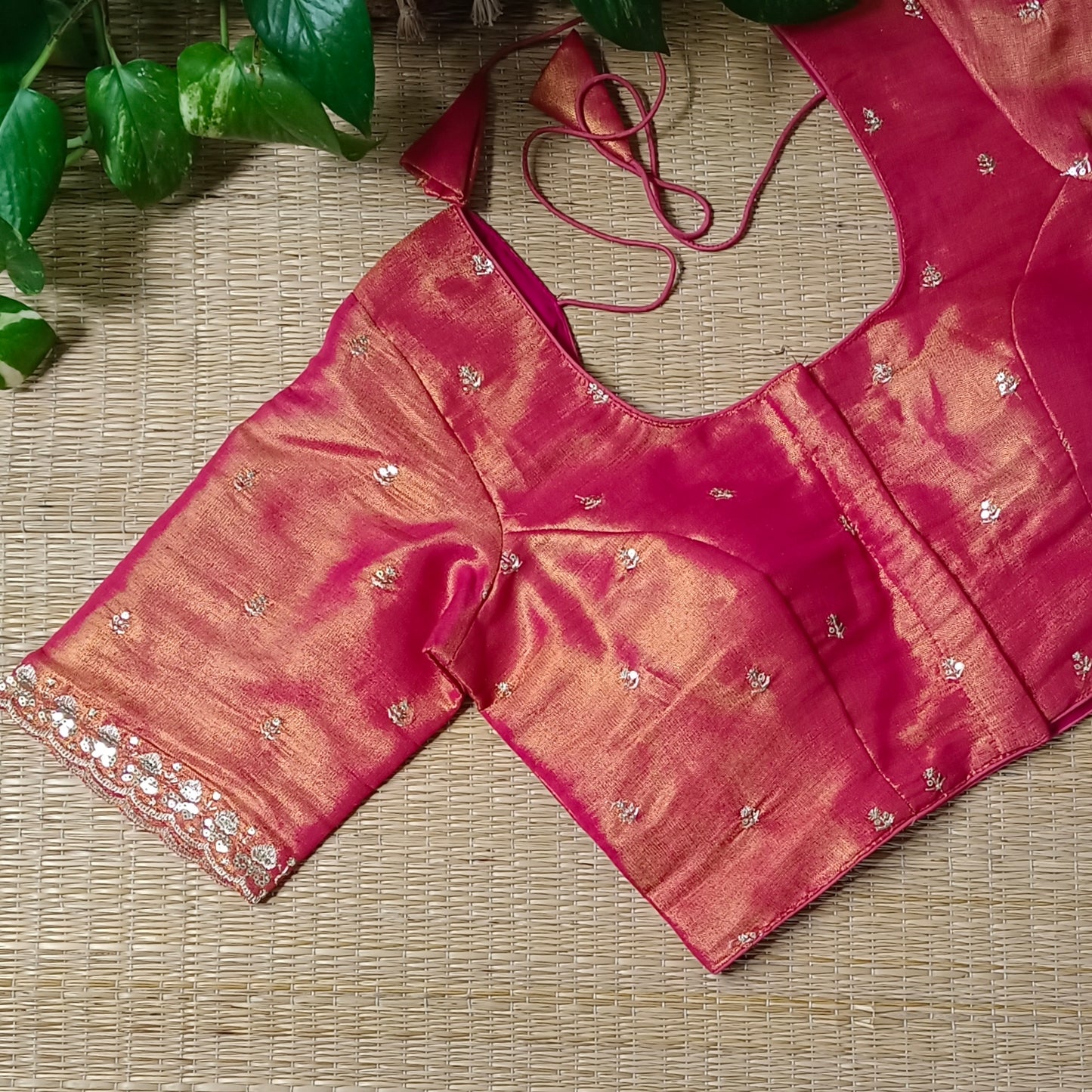 Red metallic tissue blouse with golden embroidery