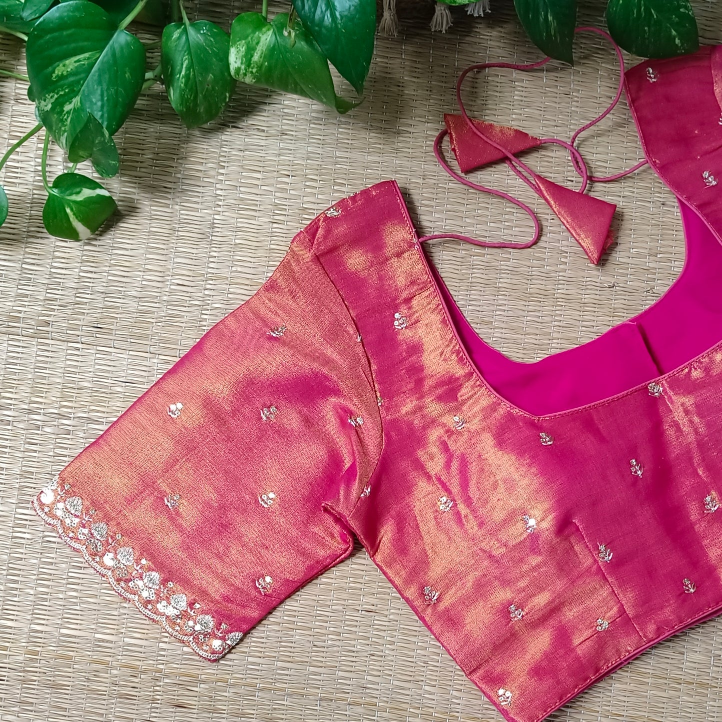 Rani pink metallic tissue blouse with golden embroidery
