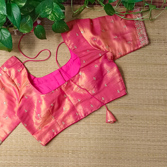 Rani pink metallic tissue blouse with golden embroidery