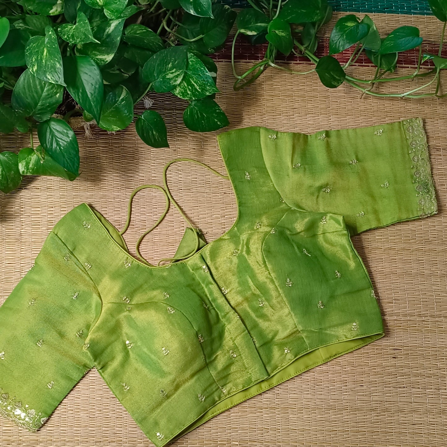 Light Green metallic tissue blouse with golden embroidery