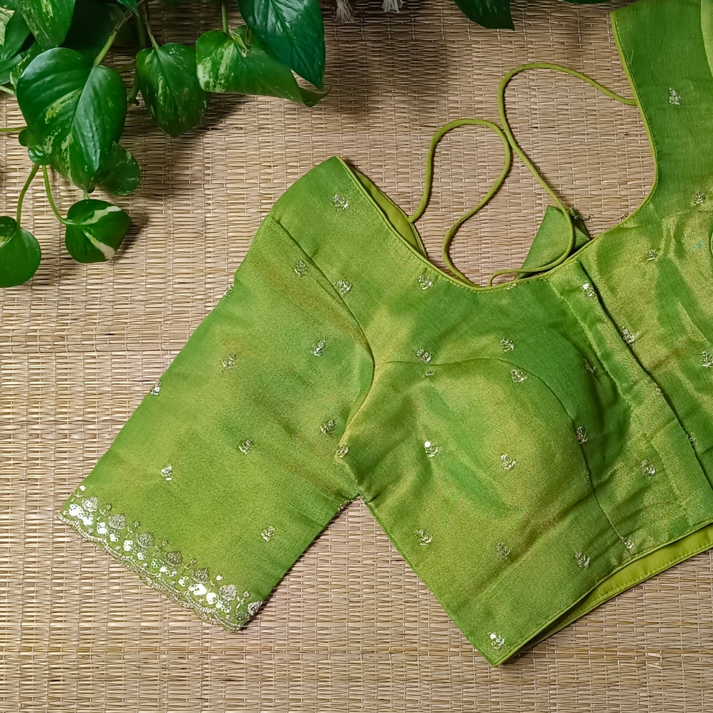 Light Green metallic tissue blouse with golden embroidery