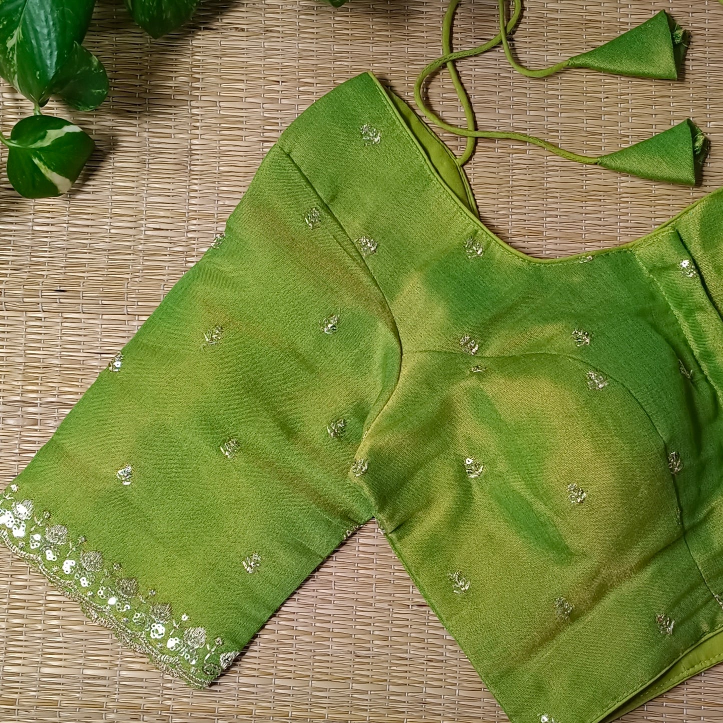 Light Green metallic tissue blouse with golden embroidery