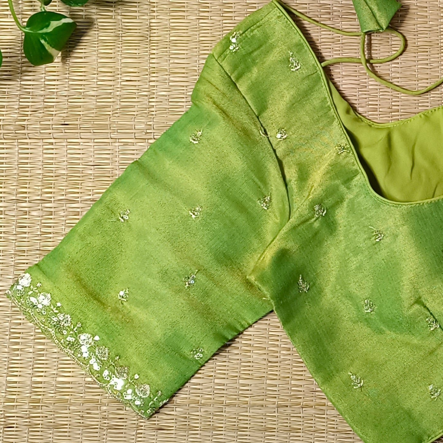 Light Green metallic tissue blouse with golden embroidery