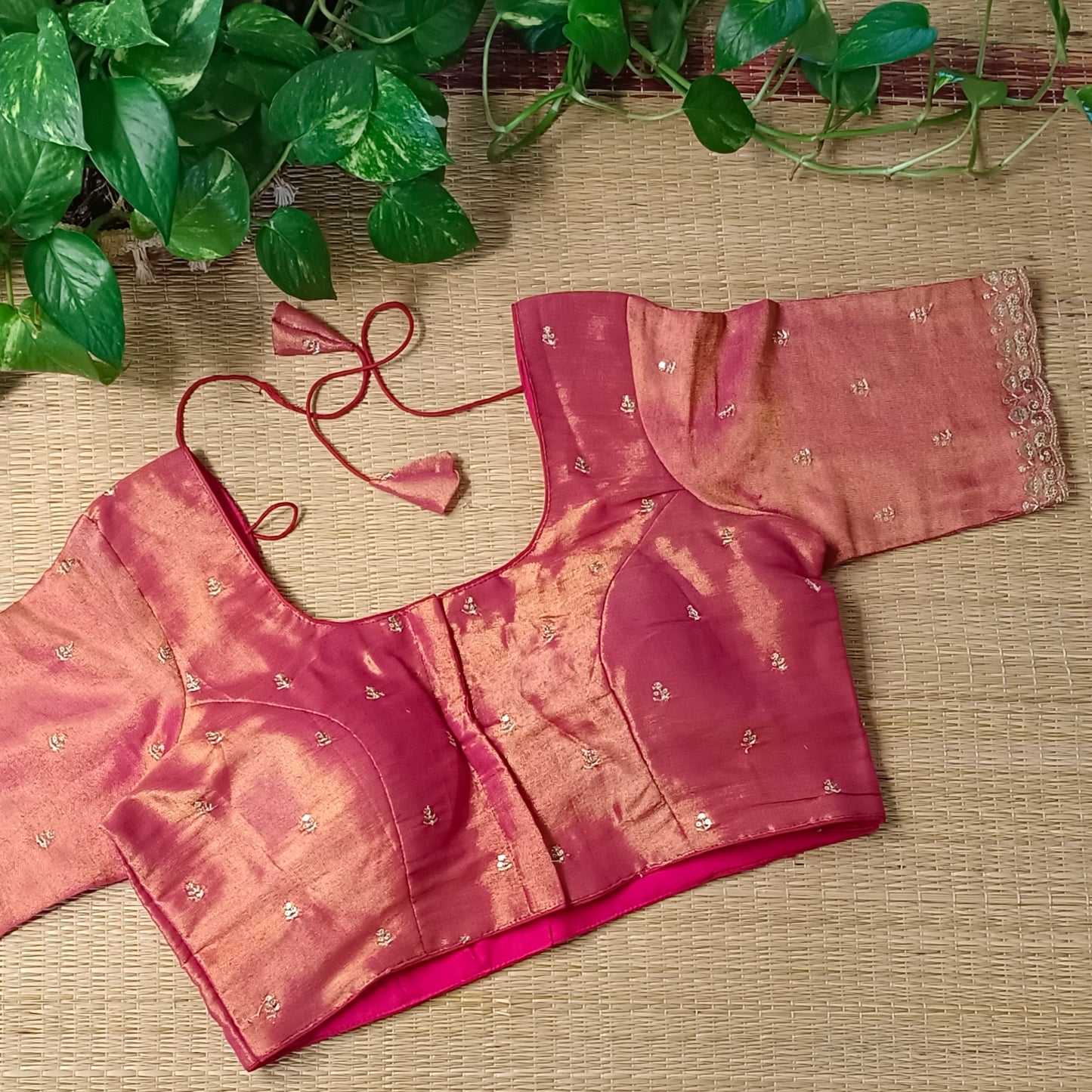 Maroon metallic tissue blouse with golden embroidery