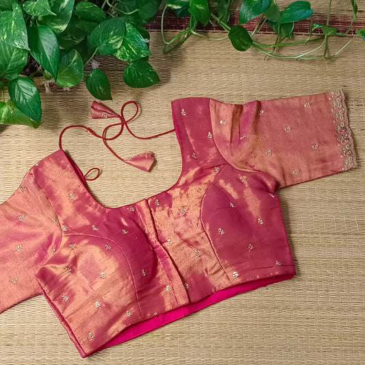 Maroon metallic tissue blouse with golden embroidery