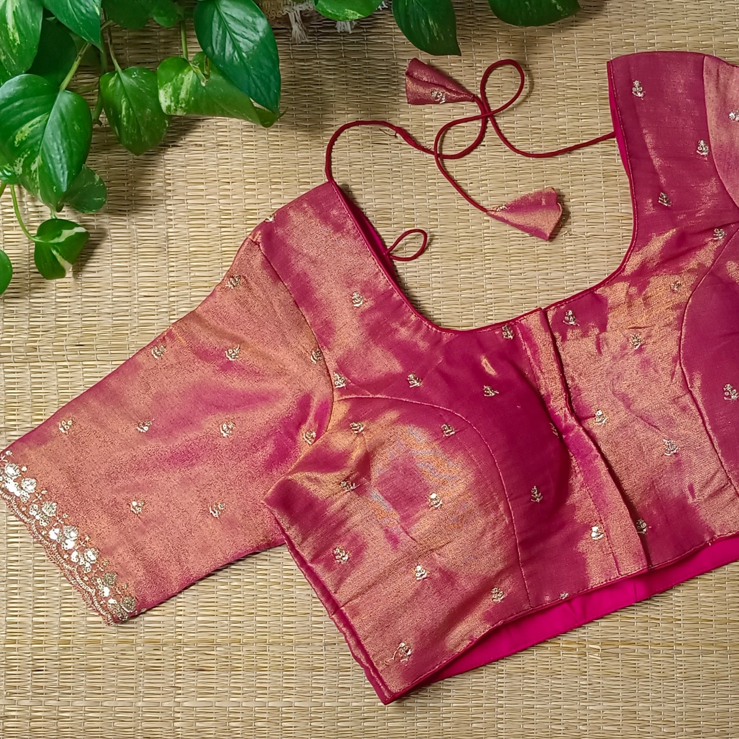 Maroon metallic tissue blouse with golden embroidery