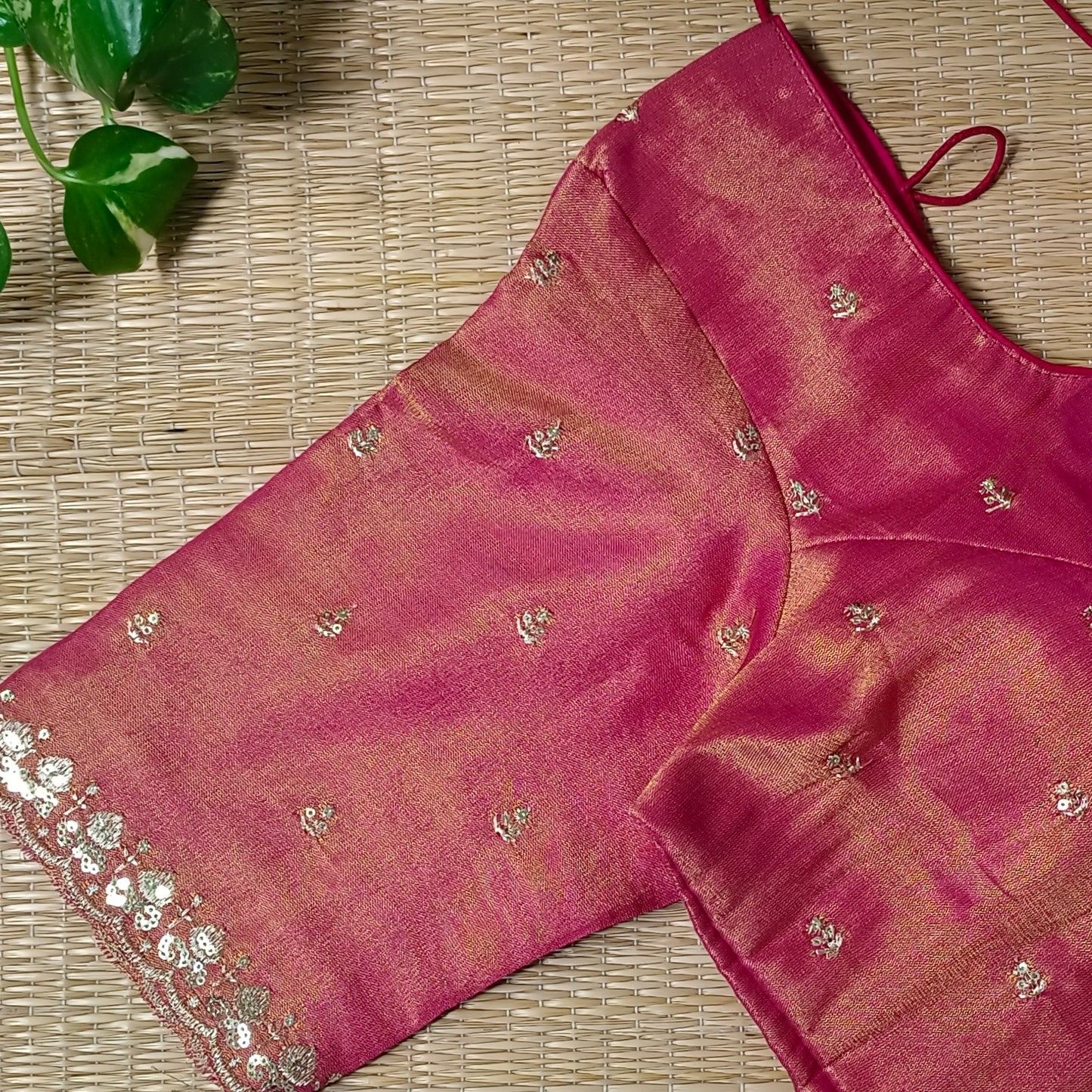 Maroon metallic tissue blouse with golden embroidery