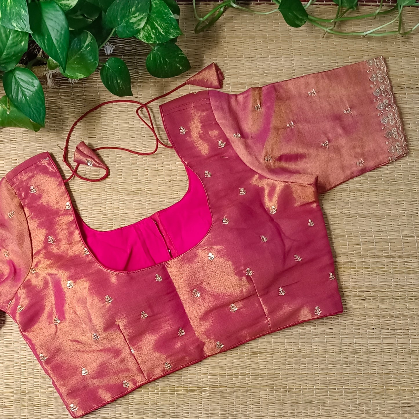 Maroon metallic tissue blouse with golden embroidery