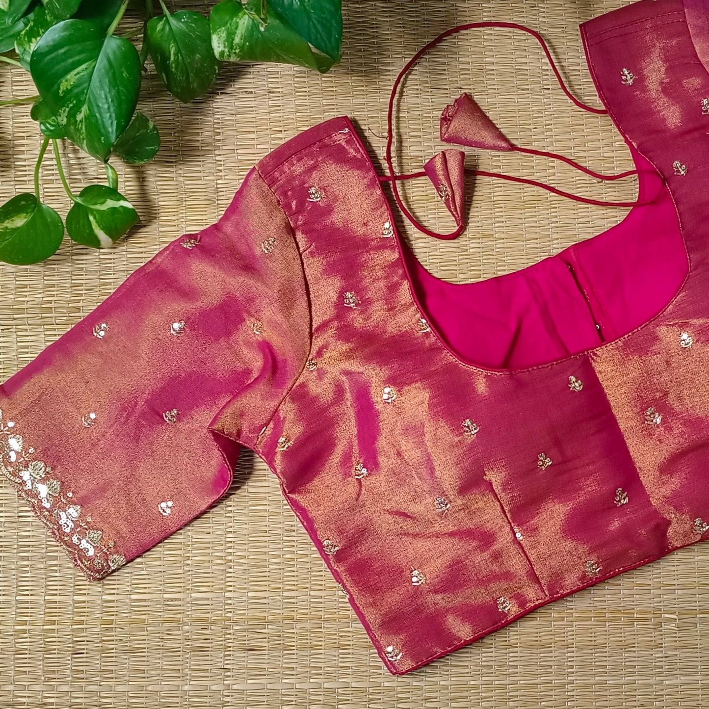 Maroon metallic tissue blouse with golden embroidery