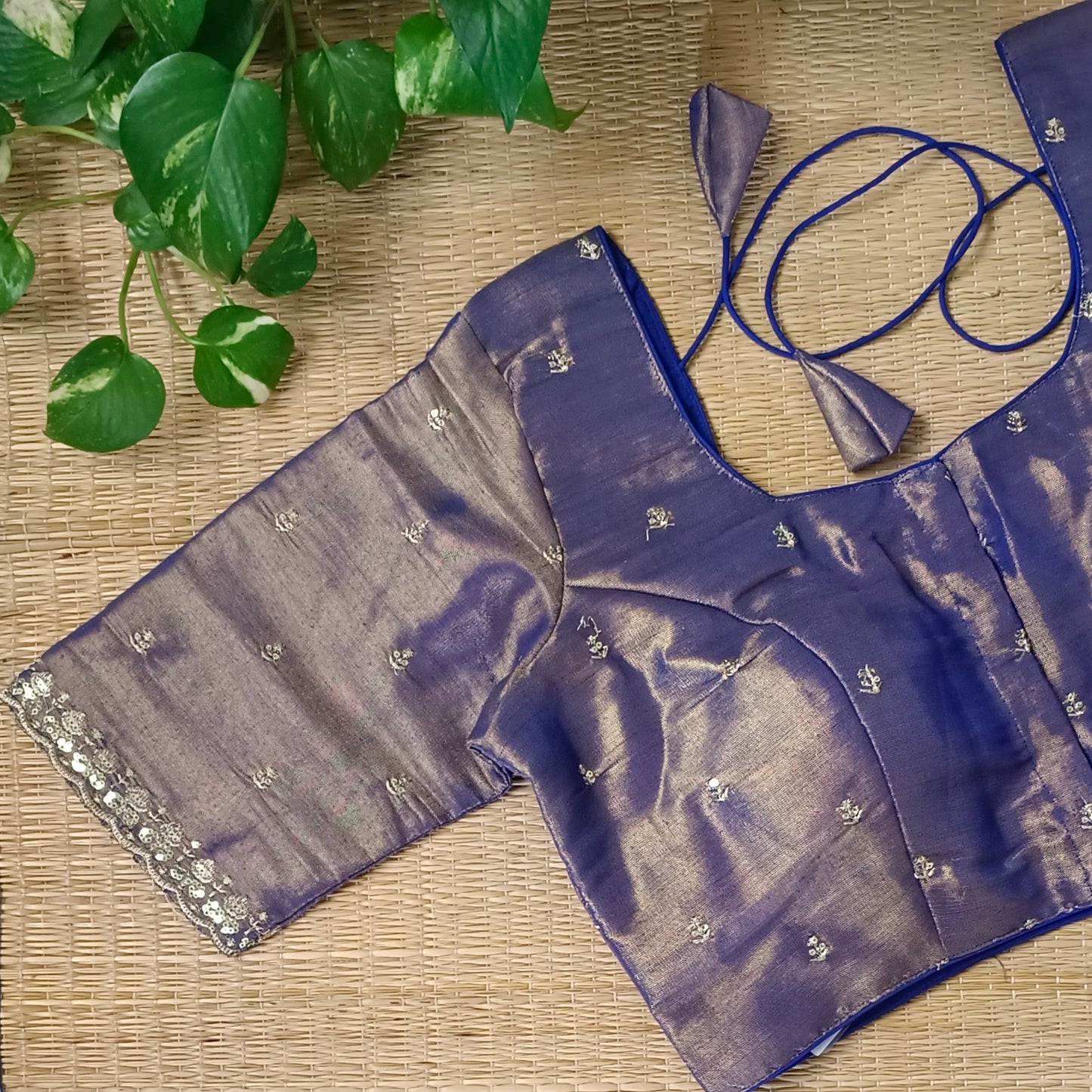 Navy blue metallic tissue blouse with golden embroidery