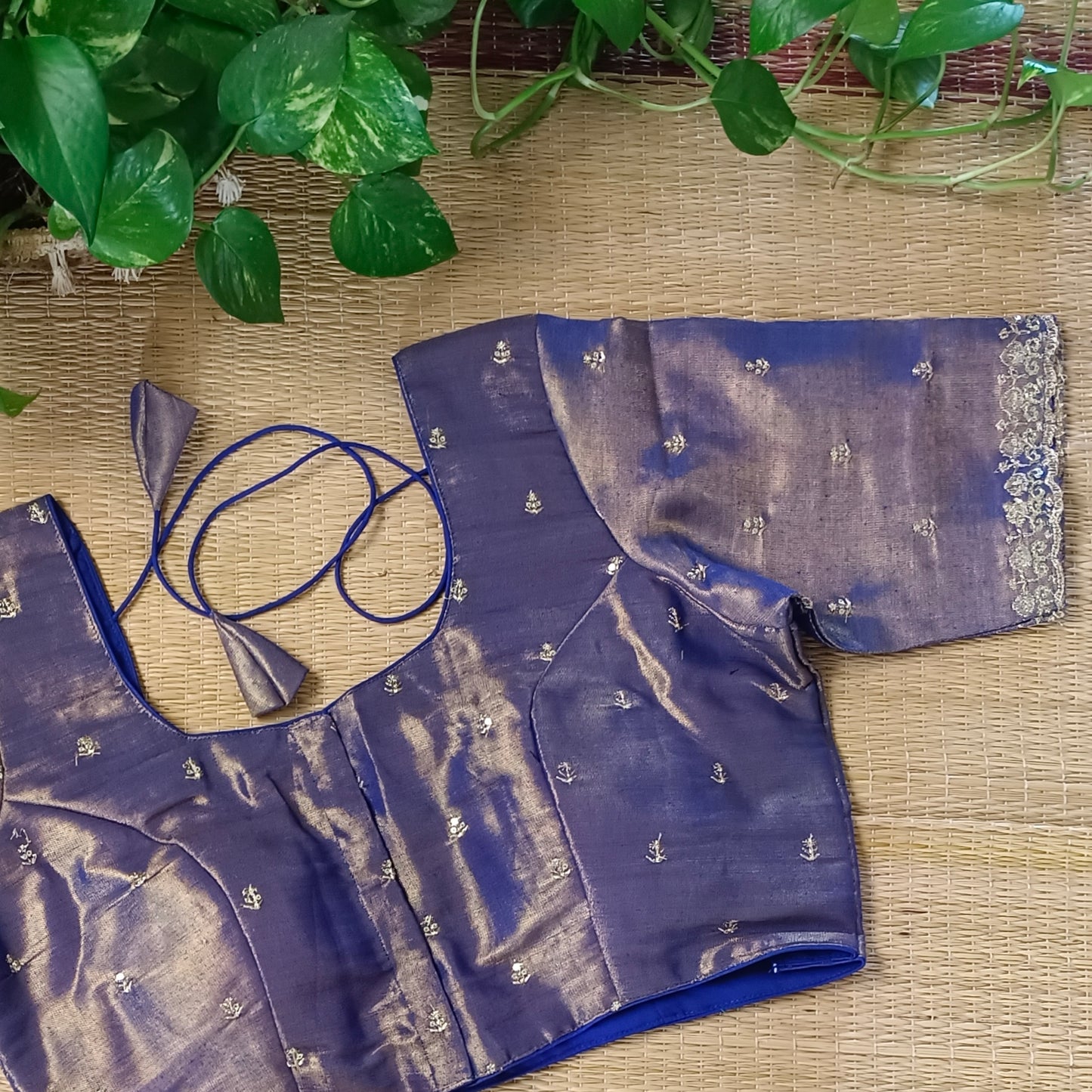 Navy blue metallic tissue blouse with golden embroidery