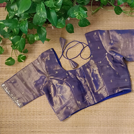 Navy blue metallic tissue blouse with golden embroidery