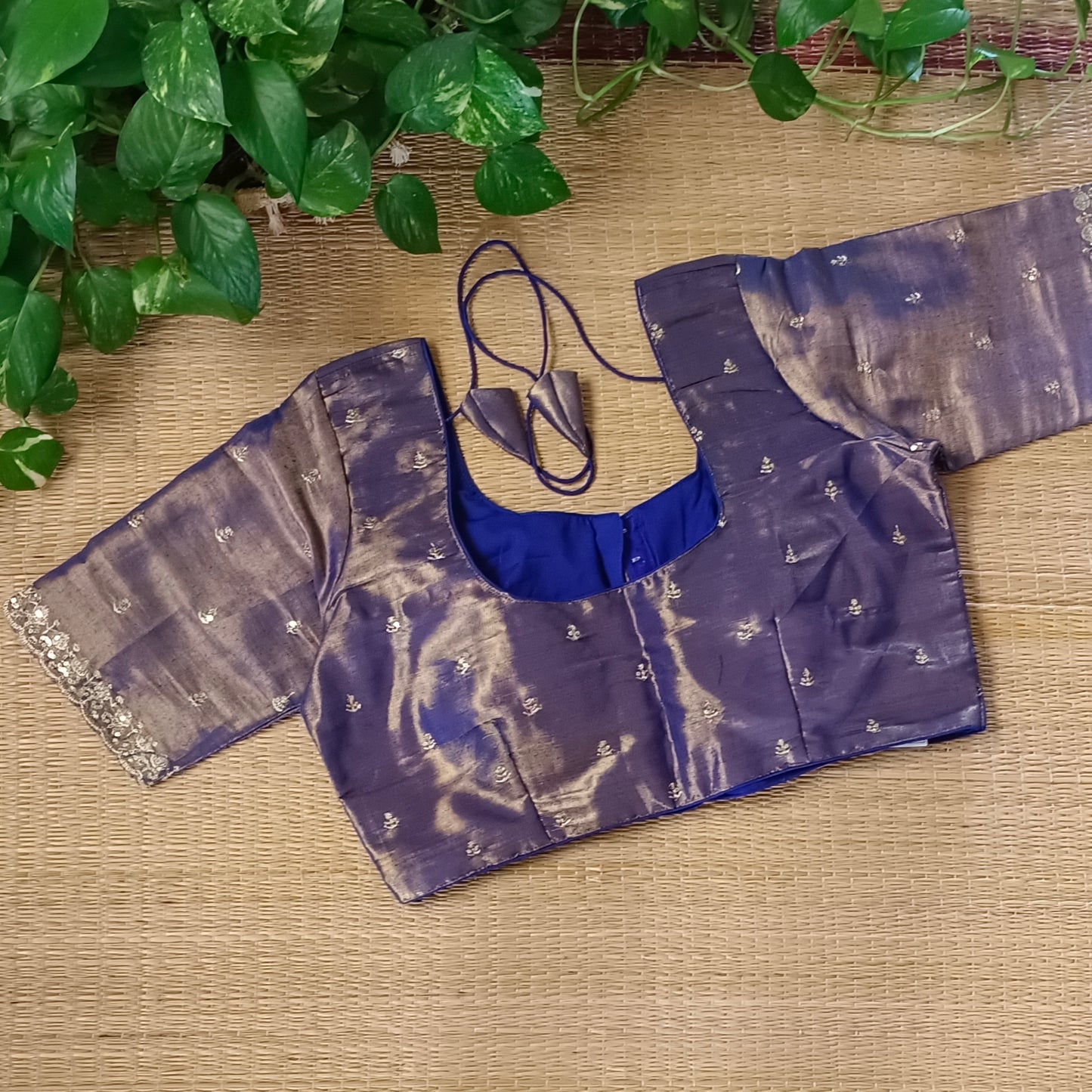 Navy blue metallic tissue blouse with golden embroidery