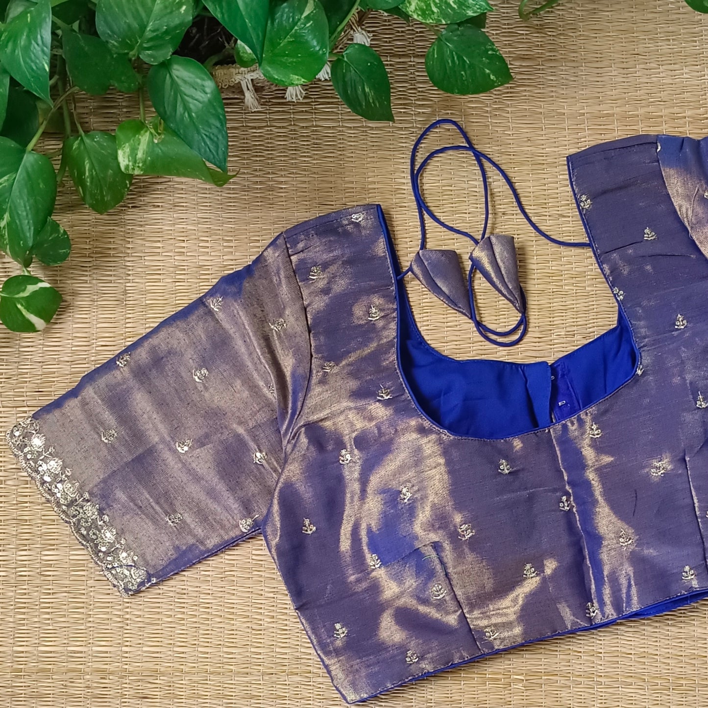 Navy blue metallic tissue blouse with golden embroidery