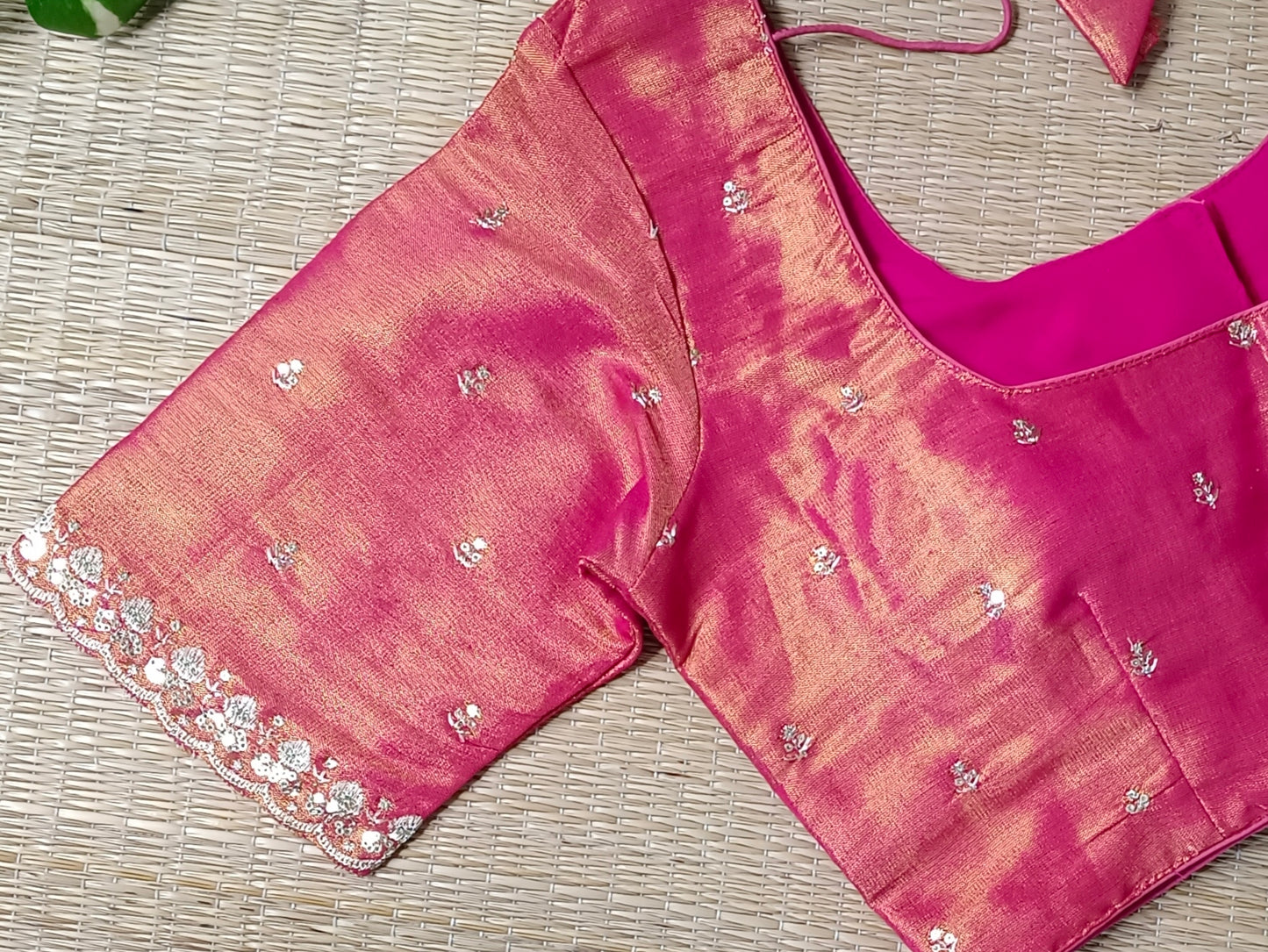 Maroon metallic tissue blouse with golden embroidery