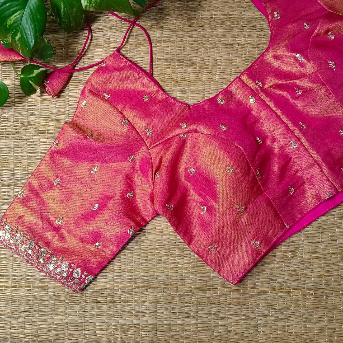 Rani pink metallic tissue blouse with golden embroidery