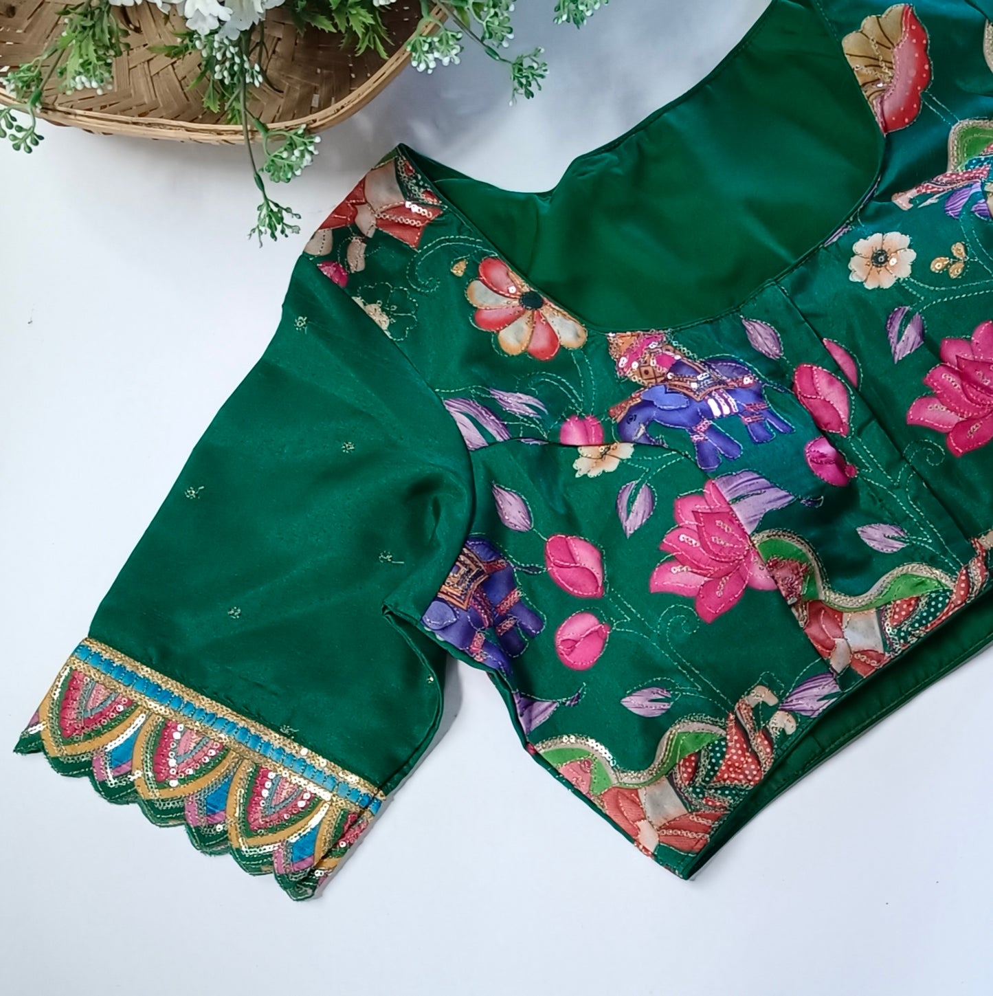 Leaf Green crepe code work blouse