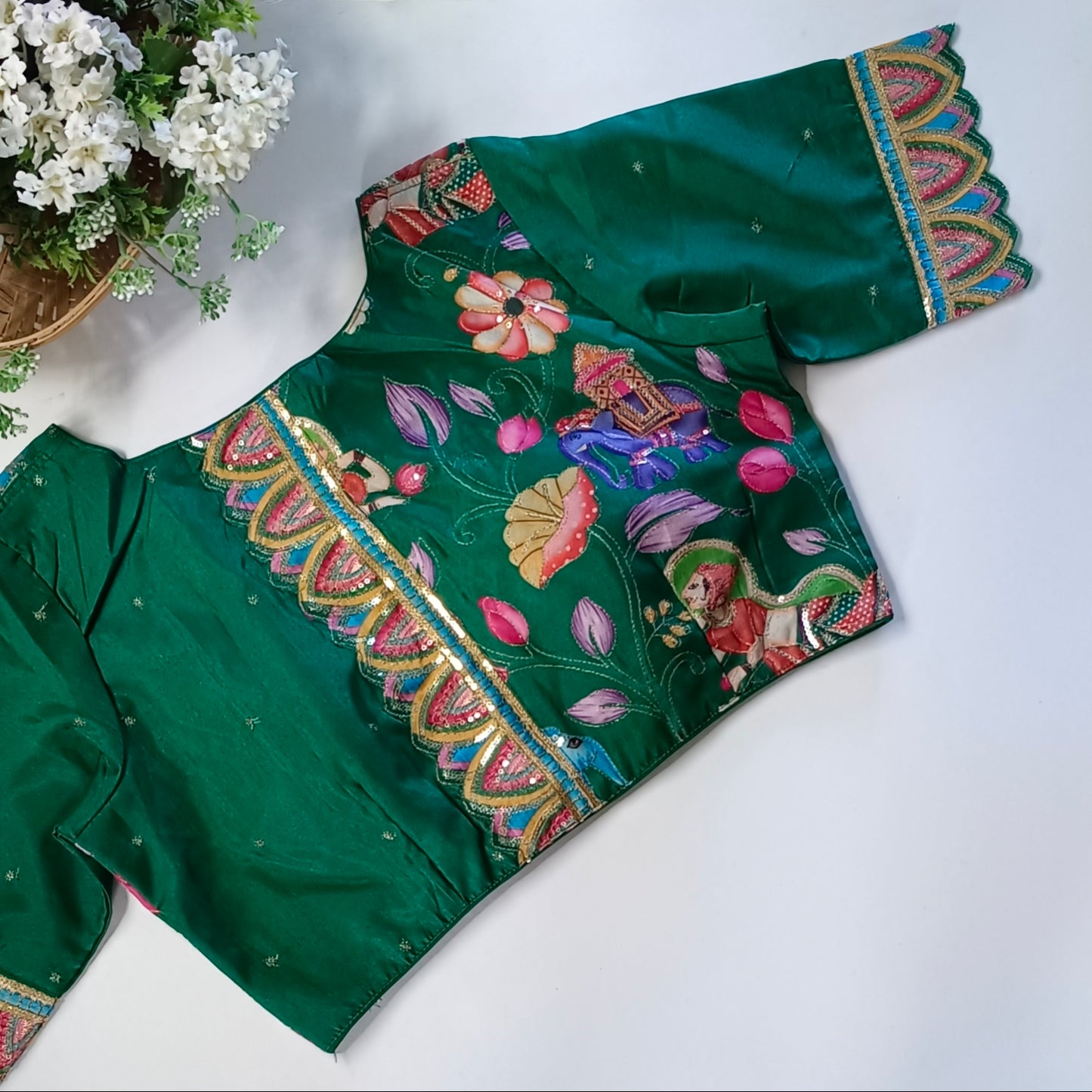 Leaf Green crepe code work blouse