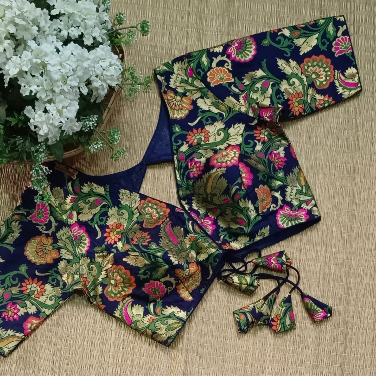 Dark Navy Blue Multicolor Brocade Blouse