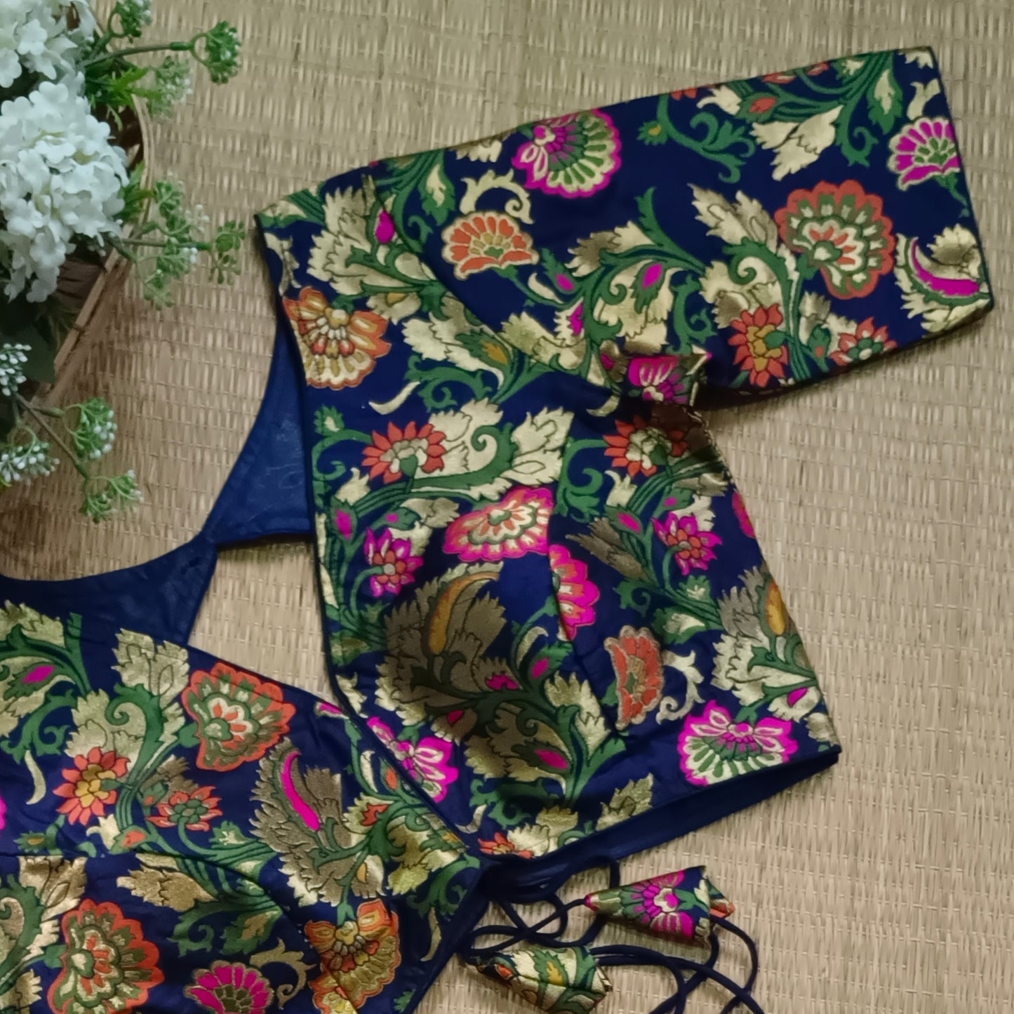 Dark Navy Blue Multicolor Brocade Blouse