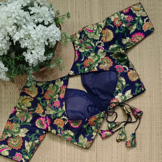 Dark Navy Blue Multicolor Brocade Blouse