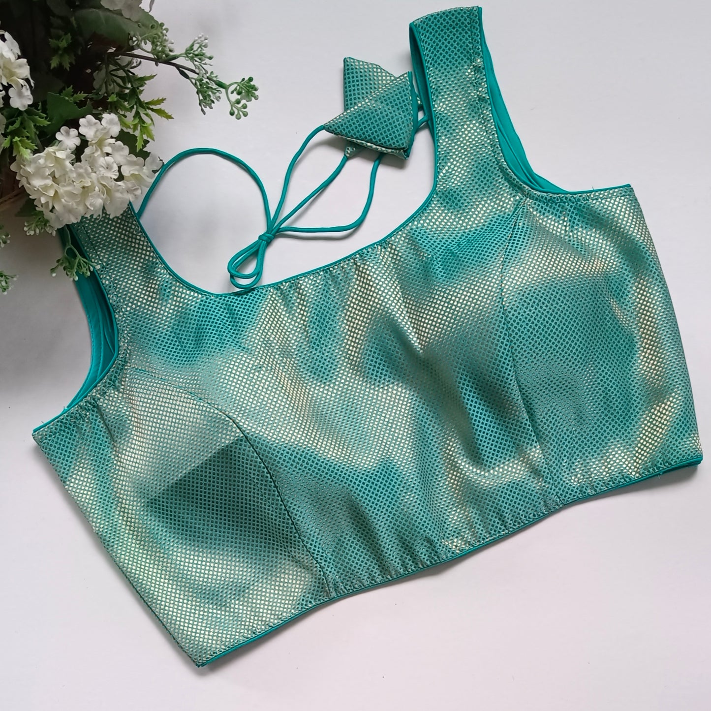 Aqua Blue Brocade Blouse with attachable sleeves (assorted)