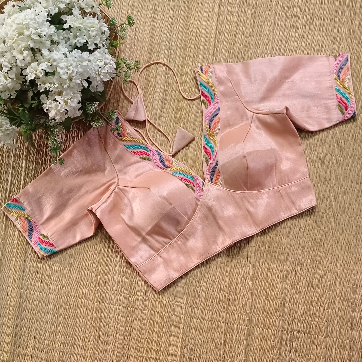 Pastel pink tissue blouse with multicolor embroidery
