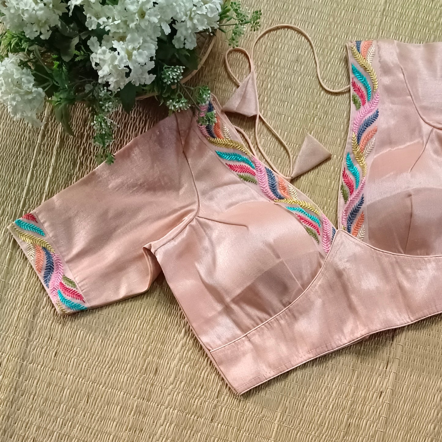 Pastel pink tissue blouse with multicolor embroidery